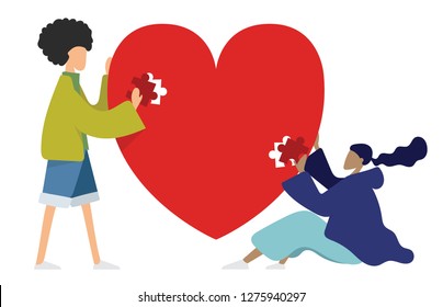 Young people are helping each other to jigsaw puzzles. valentine day. cartoon vector illustration.