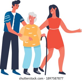 Young people helping grandmother on a walk. Flat design illustration. Vector