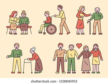 Young people helping older people. flat design style minimal vector illustration.