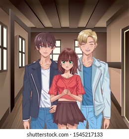 young people hentai style indoor house vector illustration design