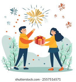 Young people hold gift boxes and give them to each other. In the theme of New Year festival, Christmas