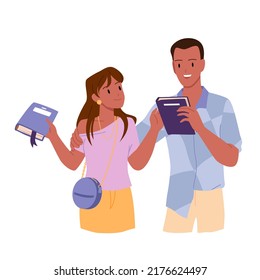 Young people hold paper books in hands to study and read vector illustration. Cartoon isolated happy man and woman students exchange literature for reading in readers club, library and bookshop