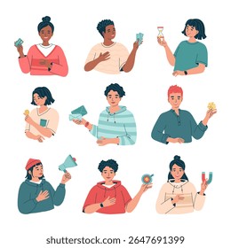 Young people holding in arm elements of business strategy, planning. Men and women with money, magnet, hourglass, deal in hand. Isolated set of vector illustrations