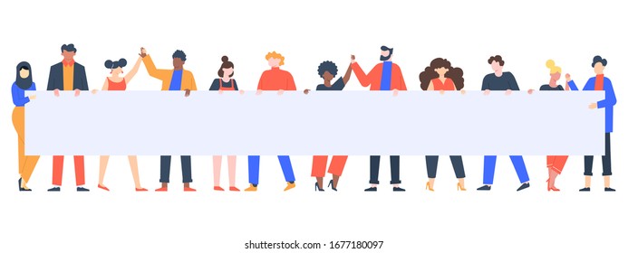 Young people holding banner. Activists group with empty placard, peaceful rights protest, manifestation march isolated vector illustration set