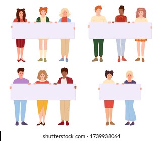 Young people holding blank banner set . Flat cartoon set. Group of man and woman student taking part in parade. Different nations representatives protesters activists. Vector illustration