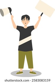 Young People Holding Blank Banner Illustration. Vector Character in Flat Style.