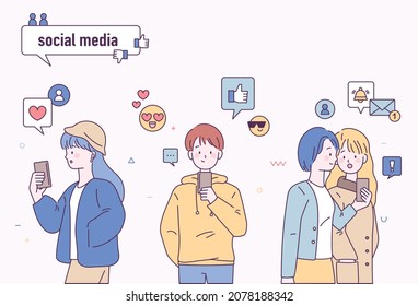 Young people holding cellphones and doing social media. Icons float around people. outline simple vector illustration.