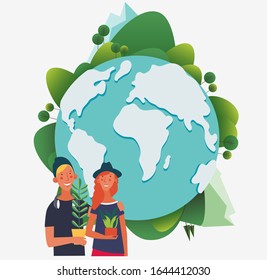 Young people holding different plants. Eco friendly ecology concept. Nature conservation vector illustration