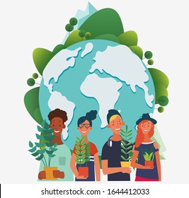 Young people holding different plants. Eco friendly ecology concept. Nature conservation vector illustration