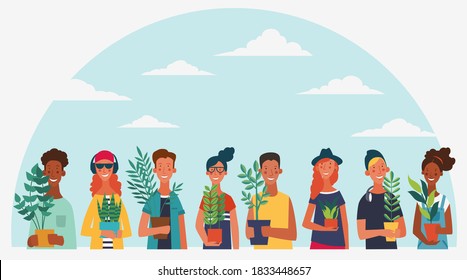 Young people holding different plants.  Eco friendly ecology concept. Nature conservation vector illustration