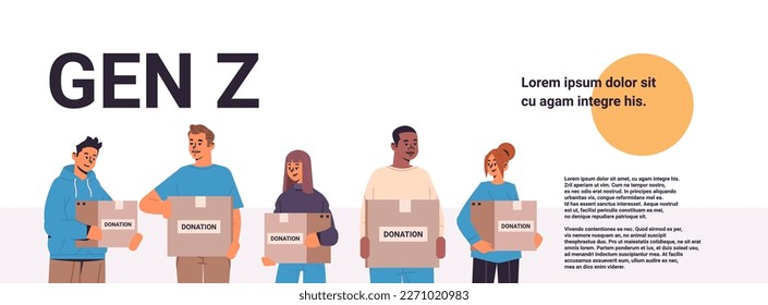 young people holding donation help boxes with medical supplies humanitarian aid material assistance generation Z