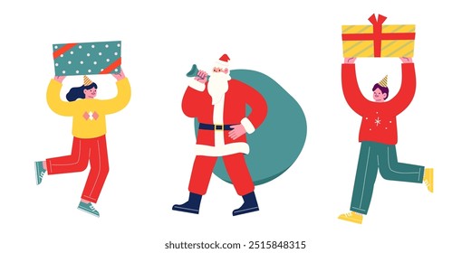 Jóvenes sosteniendo bebidas y haciendo tostadas. Alegres amigos disfrutando de una fiesta celebrando Navidades juntos. Ilustración vectorial de personaje de dibujos animados