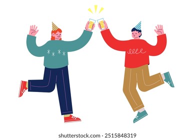 Jóvenes sosteniendo bebidas y haciendo tostadas. Alegres amigos disfrutando de una fiesta celebrando las fiestas juntos. Ilustración vectorial de personaje de dibujos animados