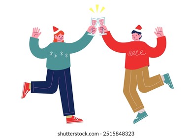 Jóvenes sosteniendo bebidas y haciendo tostadas. Alegres amigos disfrutando de una fiesta celebrando Navidades juntos. Ilustración vectorial de personaje de dibujos animados