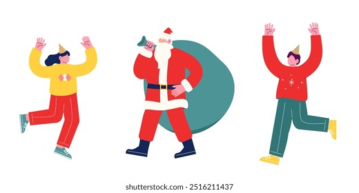 Jóvenes sosteniendo bebidas y haciendo tostadas. Alegres amigos disfrutando de una fiesta celebrando Navidades juntos. Ilustración vectorial de personaje de dibujos animados