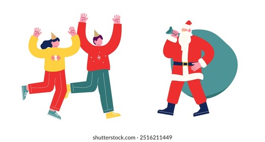 Jóvenes sosteniendo bebidas y haciendo tostadas. Alegres amigos disfrutando de una fiesta celebrando Navidades juntos. Ilustración vectorial de personaje de dibujos animados