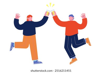 Jóvenes sosteniendo bebidas y haciendo tostadas. Alegres amigos disfrutando de una fiesta celebrando las fiestas juntos. Ilustración vectorial de personaje de dibujos animados