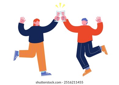 Jóvenes sosteniendo bebidas y haciendo tostadas. Alegres amigos disfrutando de una fiesta celebrando las fiestas juntos. Ilustración vectorial de personaje de dibujos animados