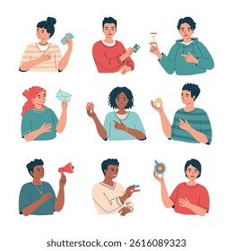 Young people holding elements of business strategy, planning, deal in hand. Men and women with money, magnet, hourglass in arm. Isolated set of vector illustrations