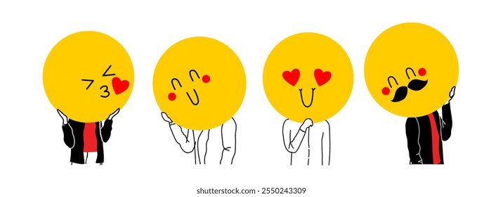 Jóvenes sosteniendo emoji de caras Grandes en lugar de cabezas. Cabezas grandes y redondas de colores con diferentes expresiones faciales. Hombre mostrando gusto y amor. Corazón de amor de San Valentín conjunto de emoji. .