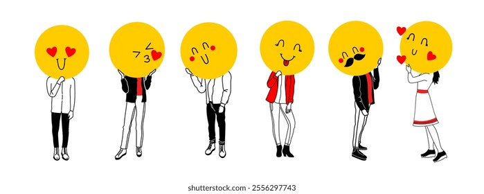 Young people holding large faces emoji instead of heads. Big round colorful heads with different facial expressions. Man showing like and love. Heart love Valentine's day emoji set. .