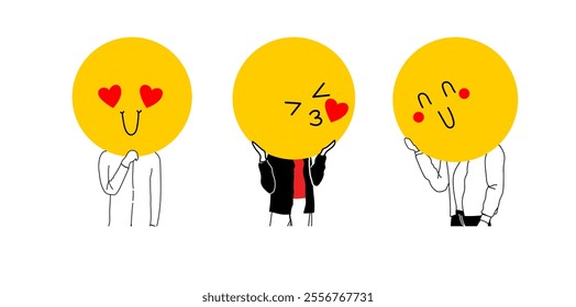 Young people holding large faces emoji instead of heads. Big round colorful heads with different facial expressions, showing like and love. Heart love Valentine's day emoji set. .