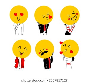 Young people holding large faces emoji instead of heads. Big round colorful heads with different facial expressions, showing like and love. Heart love Valentine's day emoji set. .