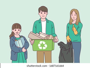 Junge Leute halten Recycling-Müll.Umweltschutzkonzept. handgezeichnete Vektorillustration-Designillustrationen. 