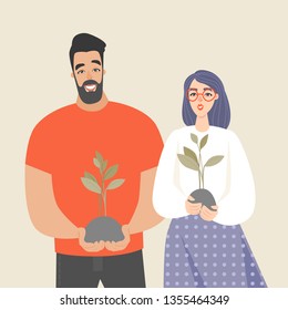 Young people are holding a sapling and smiling. Conceptual illustration of people  starting their business. Cartoon characters