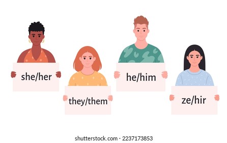 Young people holding sign with gender pronouns. She, he, they, ze, non-binary. Gender-neutral movement. LGBTQ community. Hand drawn vector illustration