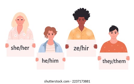 Young people holding sign with gender pronouns. She, he, they, ze, non-binary. Gender-neutral movement. LGBTQ community. Hand drawn vector illustration