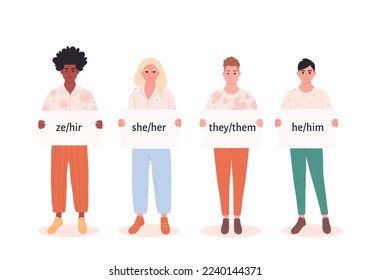 Young people holding sign with gender pronouns. She, he, they, ze, non-binary. Gender-neutral movement. LGBTQ community. Hand drawn vector illustration