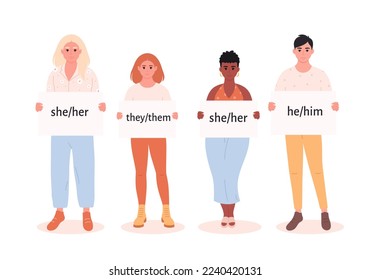 Young people holding sign with gender pronouns. She, he, they, ze, non-binary. Gender-neutral movement. LGBTQ community. Hand drawn vector illustration