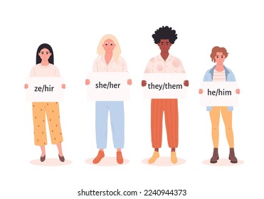 Young people holding signs with gender pronouns. She, he, they, ze, non-binary. Gender-neutral movement. LGBTQ community. Hand drawn vector illustration