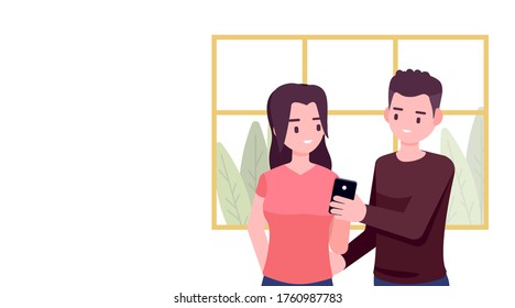 Young people holding smartphone for texting, talking, taking selfie, smartphone usability, Flat vector illustration