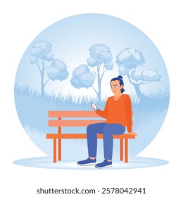 Young people holding smartphones. The man sitting on a park bench and interacting with his smartphone. Concept of Young People Using Smartphones. Flat vector illustration.