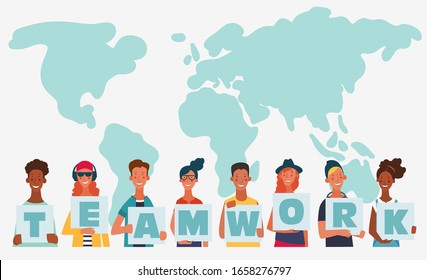 Young people holding the word "Teamwork".  Friendship, partnership, cooperation, collaboration and teamwork vector concept