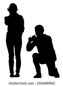 Young people holds a camera in her hand. Isolated silhouettes of people on a white background
