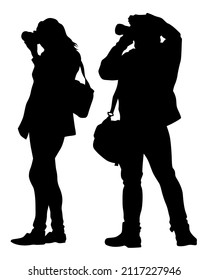 Young people holds a camera in her hand. Isolated silhouettes of people on a white background