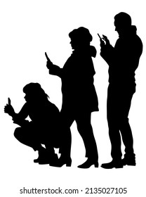 Young people holds a camera in her hand. Isolated silhouettes of people on a white background