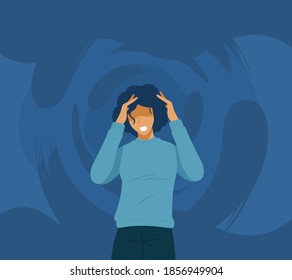 Young people holds head because of headache, stress, frustated, burnout. Negative emotions concept in trendy cartoon flat vector design