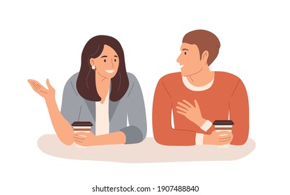 Young people with hot drinks talking during coffee break. Smiling man and woman chatting. Colored flat vector illustration isolated on white background