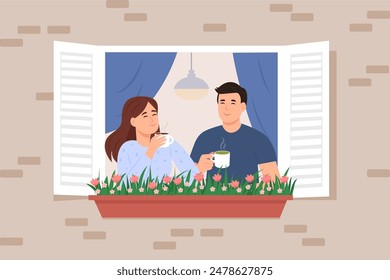 Young people with hot drinks talking at home, looking out open window, enjoying coffee, tea or matcha cup.Morning time. Vector illustration