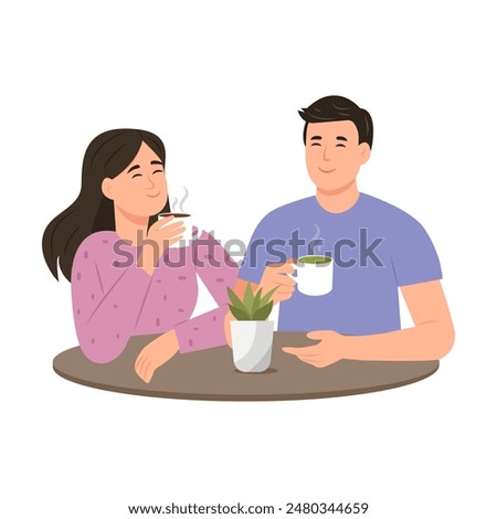 Young people with hot drinks talking during coffee break. Smiling man and woman chatting. Flat vector illustration isolated on white background