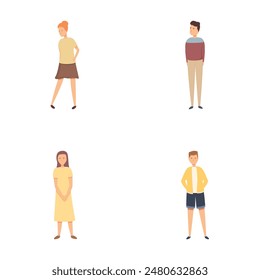 Young people icons set cartoon vector. Standing guy and girl. Person, human, society, team