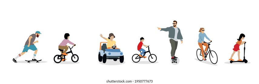 young people illustration, transport concept of kids on bicycle, car and skateboard, 