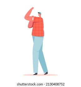Young People Immunization, Flu Vaccination. Vaccinated Positive Mature Male Character with Patch on Shoulder Demonstrate Power Show Muscles Isolated on White Background. Cartoon Vector Illustration