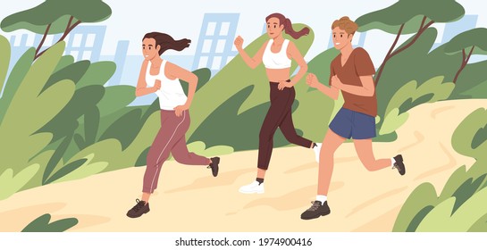 Young people jogging in city park in summer. Group of runners running along path, training outdoors. Active and healthy lifestyle of male and female joggers. Colored flat vector illustration