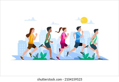 Young people jogging in city park in summer. Group of runners running along path, training outdoors. Active and healthy lifestyle of male and female joggers. Colored flat vector illustration