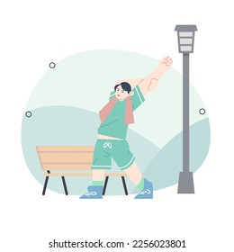Young people jogging in city park in summer. Group of runners running along path, training outdoors. Active and healthy lifestyle of joggers. Colored flat vector illustration